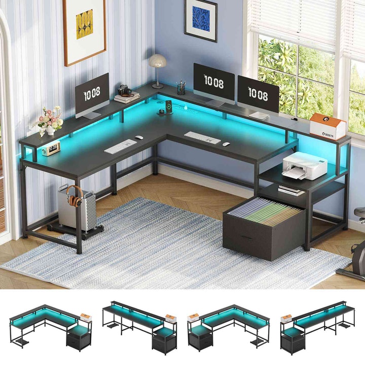 SEDETA | 66 Inch L Shaped Corner LED Gaming Computer Desk with File Drawer