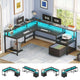 SEDETA | 66 Inch L Shaped Corner LED Gaming Computer Desk with File Drawer