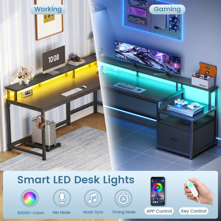 SEDETA | 66 Inch L Shaped Corner LED Gaming Computer Desk with File Drawer