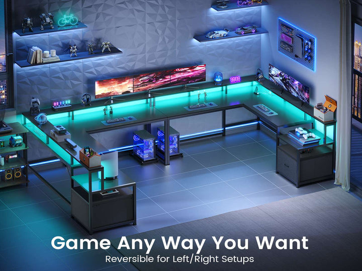SEDETA | 66 Inch L Shaped Corner LED Gaming Computer Desk with File Drawer