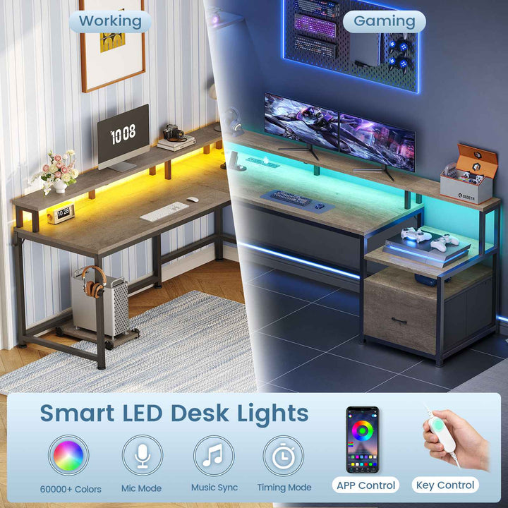 SEDETA | 66 Inch L Shaped Corner LED Gaming Computer Desk with File Drawer