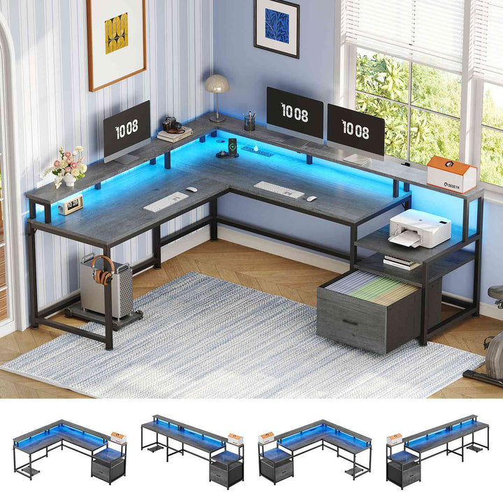 SEDETA | 66 Inch L Shaped Corner LED Gaming Computer Desk with File Drawer