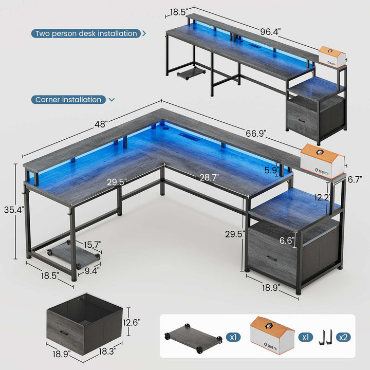 SEDETA | 66 Inch L Shaped Corner LED Gaming Computer Desk with File Drawer