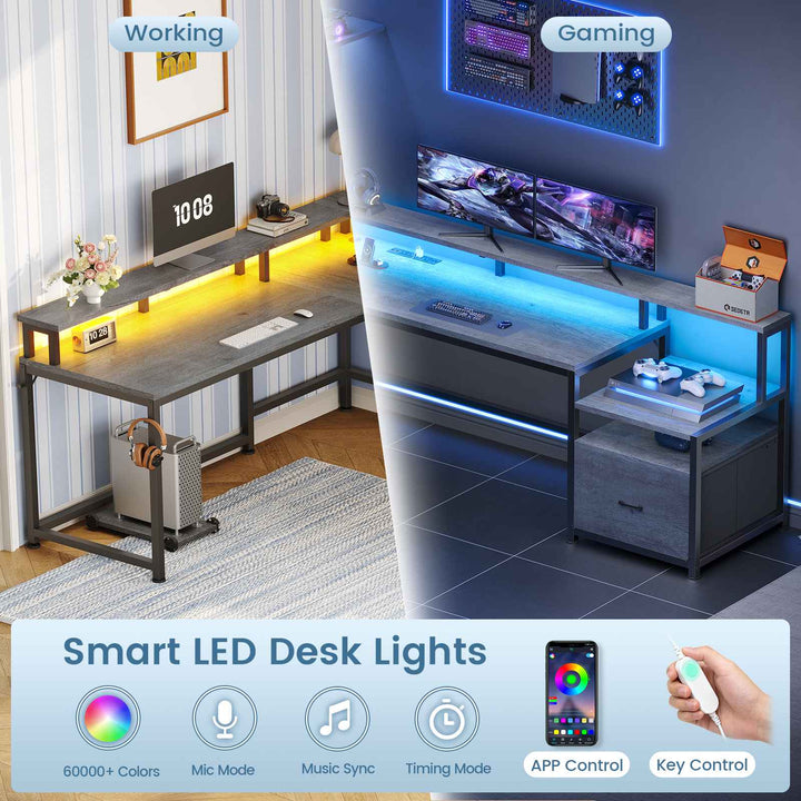 SEDETA | 66 Inch L Shaped Corner LED Gaming Computer Desk with File Drawer