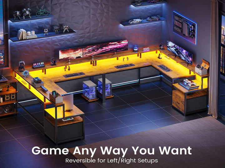 SEDETA | 66 Inch L Shaped Corner LED Gaming Computer Desk with File Drawer