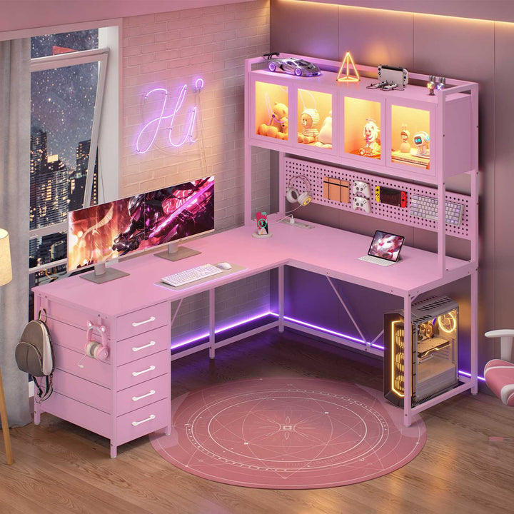 SEDETA 62 Inch L Shaped LED Gaming Desk with Hutch & Pegboard, Corner Computer Table with Drawers, Power Outlet
