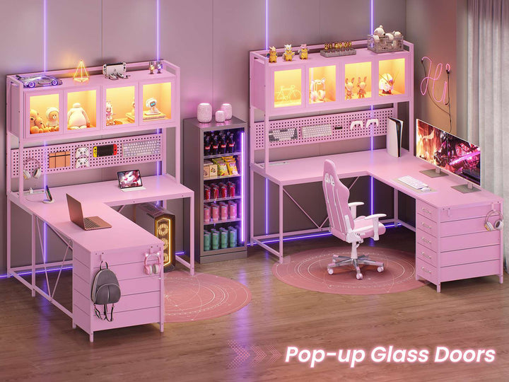 SEDETA 62 Inch L Shaped LED Gaming Desk with Hutch & Pegboard, Corner Computer Table with Drawers, Power Outlet