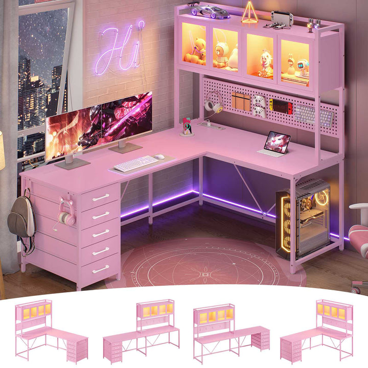 SEDETA 62 Inch L Shaped LED Gaming Desk with Hutch & Pegboard, Corner Computer Table with Drawers, Power Outlet