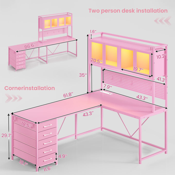 SEDETA 62 Inch L Shaped LED Gaming Desk with Hutch & Pegboard, Corner Computer Table with Drawers, Power Outlet