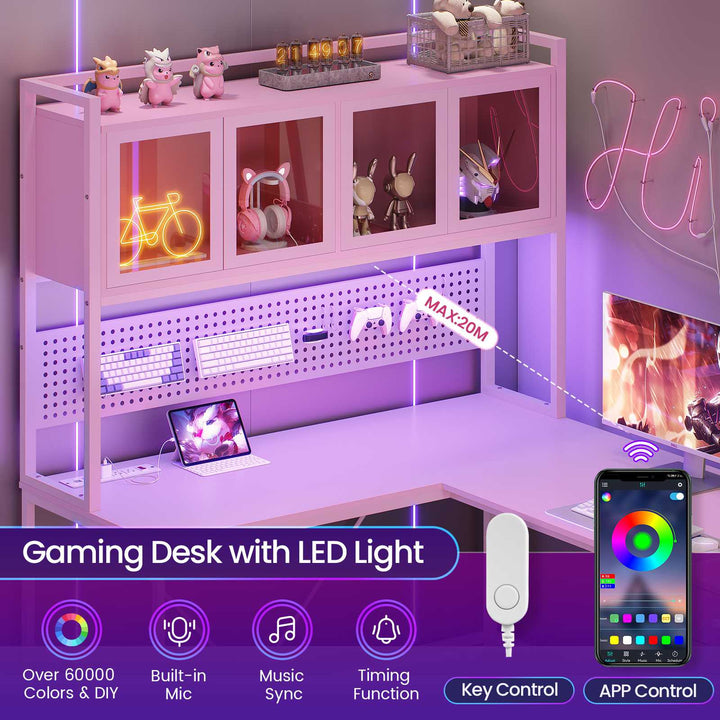 SEDETA 62 Inch L Shaped LED Gaming Desk with Hutch & Pegboard, Corner Computer Table with Drawers, Power Outlet