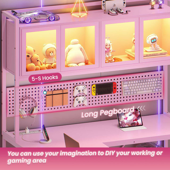 SEDETA 62 Inch L Shaped LED Gaming Desk with Hutch & Pegboard, Corner Computer Table with Drawers, Power Outlet