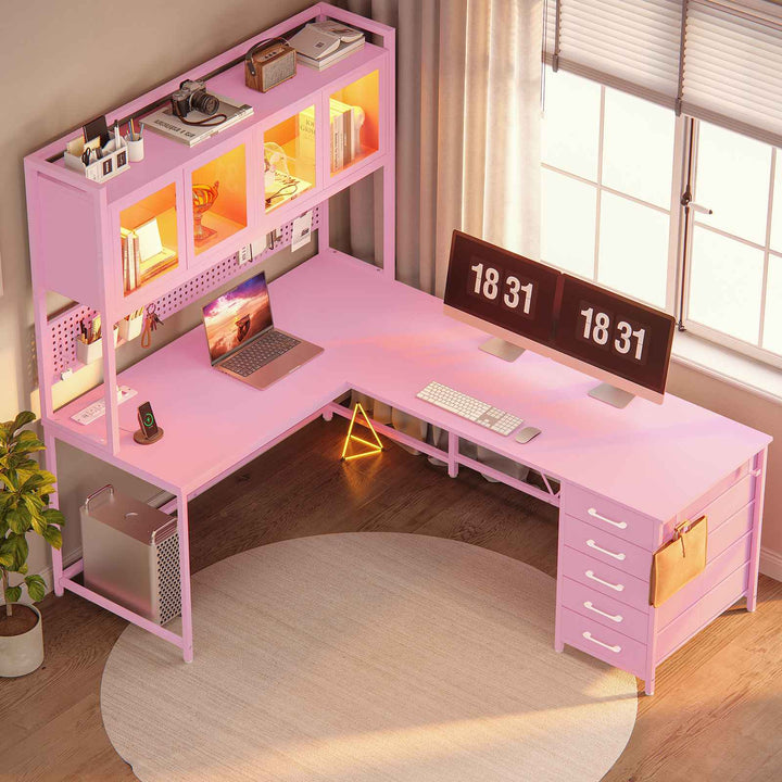 SEDETA 62 Inch L Shaped LED Gaming Desk with Hutch & Pegboard, Corner Computer Table with Drawers, Power Outlet