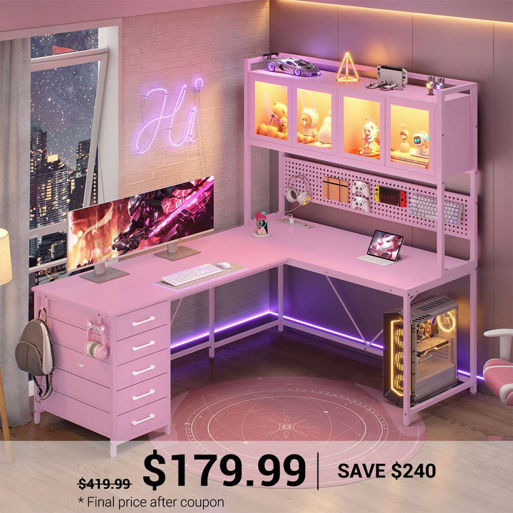 SEDETA® 62 Inch L Shaped Gaming Desk with Led Lights Computer Desk with Power Outlet Drawers Storage Shelves Pegboard