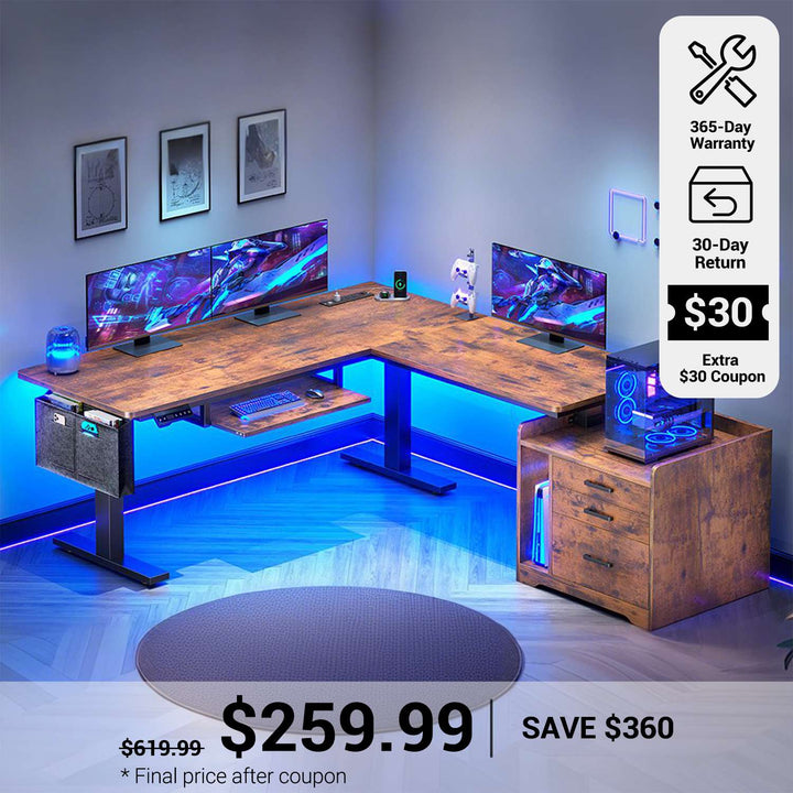 SEDETA® 63 Inch L Shaped Electric Standing Desk Height Adjustable Computer Gaming Desk with Led Lights Power Outlet 3 Drawers File Cabinet