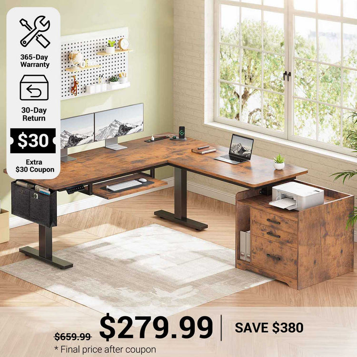 SEDETA 63 Inch L Shaped Electric Standing Desk Height Adjustable with 3 Drawers, Computer Gaming Desk with LED Lights, Power Outlet