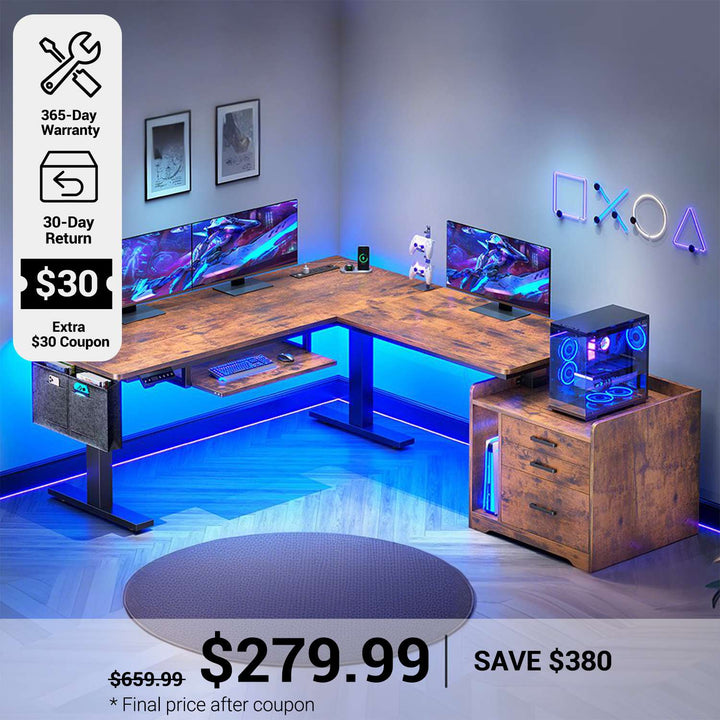 SEDETA 63 Inch L Shaped Electric Standing Desk Height Adjustable with 3 Drawers, Computer Gaming Desk with LED Lights, Power Outlet