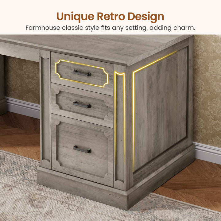 SEDETA 110.3 Inch Vintage Two Person Desk Long Farmhouse Computer Desk with Printer Stand Power Outlets 7 Drawers Large Storage Space for Home Office