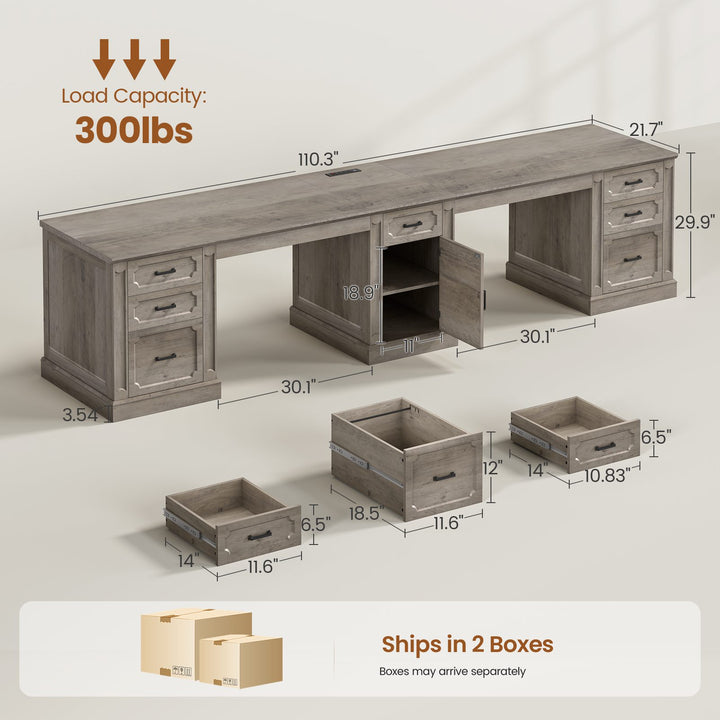 SEDETA 110.3 Inch Vintage Two Person Desk Long Farmhouse Computer Desk with Printer Stand Power Outlets 7 Drawers Large Storage Space for Home Office