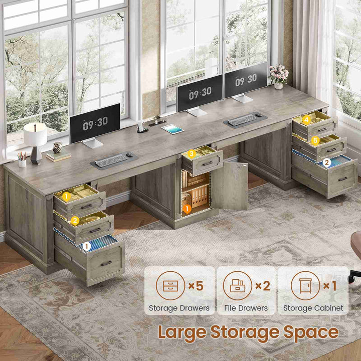 SEDETA 110.3 Inch Vintage Two Person Desk Long Farmhouse Computer Desk with Printer Stand Power Outlets 7 Drawers Large Storage Space for Home Office