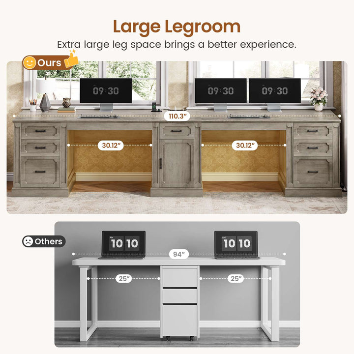 SEDETA 110.3 Inch Vintage Two Person Desk Long Farmhouse Computer Desk with Printer Stand Power Outlets 7 Drawers Large Storage Space for Home Office