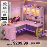 SEDETA 62 Inch L Shaped LED Gaming Desk with Hutch & Pegboard, Corner Computer Table with Drawers, Power Outlet