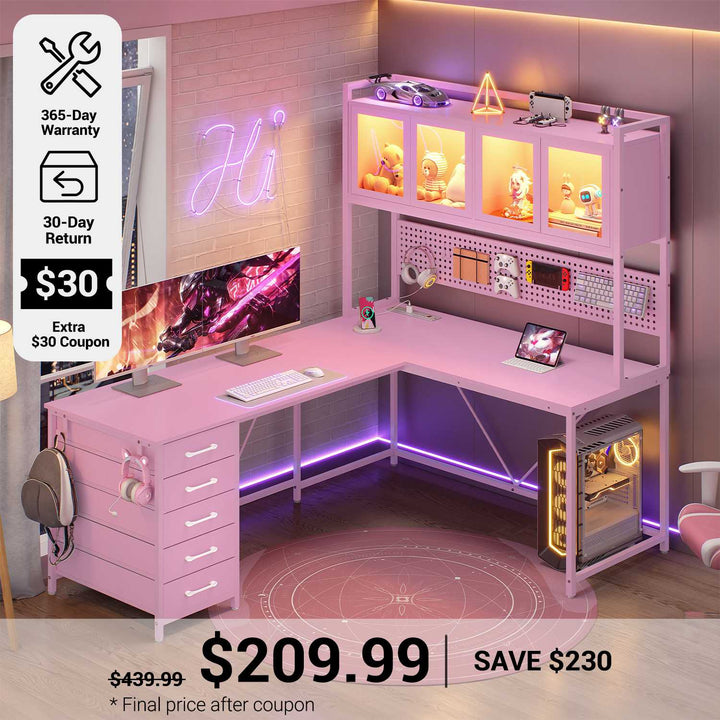 SEDETA 62 Inch L Shaped LED Gaming Desk with Hutch & Pegboard, Corner Computer Table with Drawers, Power Outlet