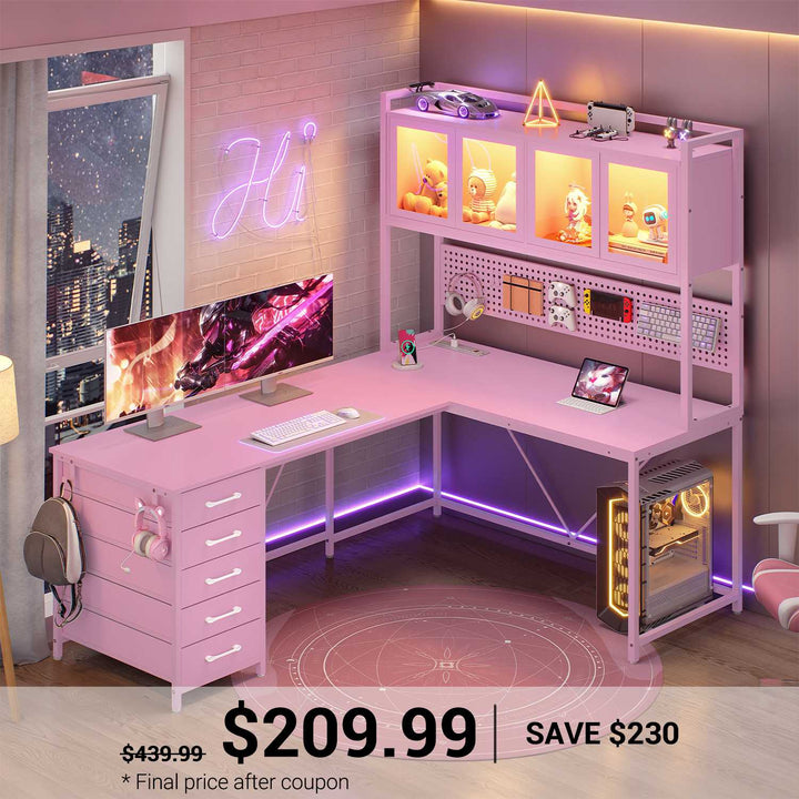 SEDETA 62 Inch L Shaped LED Gaming Desk with Hutch & Pegboard, Corner Computer Table with Drawers, Power Outlet