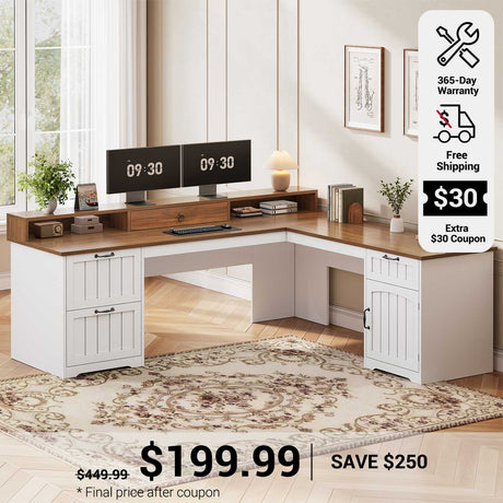 SEDETA 63 Inch Farmhouse Corner Computer Desk L Shaped Wood Desk with File Drawers Storage Monitor Stand for Home Office