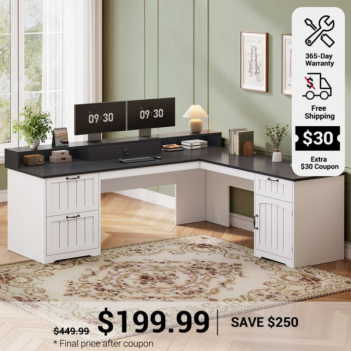 SEDETA 63 Inch Farmhouse Corner Computer Desk L Shaped Wood Desk with File Drawers Storage Monitor Stand for Home Office
