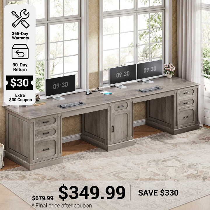 SEDETA® 110.3 Inch Vintage Long Computer Desk Farmhouse Two Person Desk with Printer Stand Power Outlets Storage Cabinet 7 Drawers