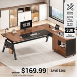 SEDETA® 63 Inch Modern Office Desk with 4 Hooks Power Outlet Computer Desk with Privacy Baffle Executive Desk with Movable File Cabinet for Home Office