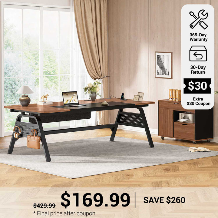 SEDETA® 63 Inch Modern Office Desk with 4 Hooks Power Outlet Computer Desk with Privacy Baffle Executive Desk with Movable File Cabinet for Home Office