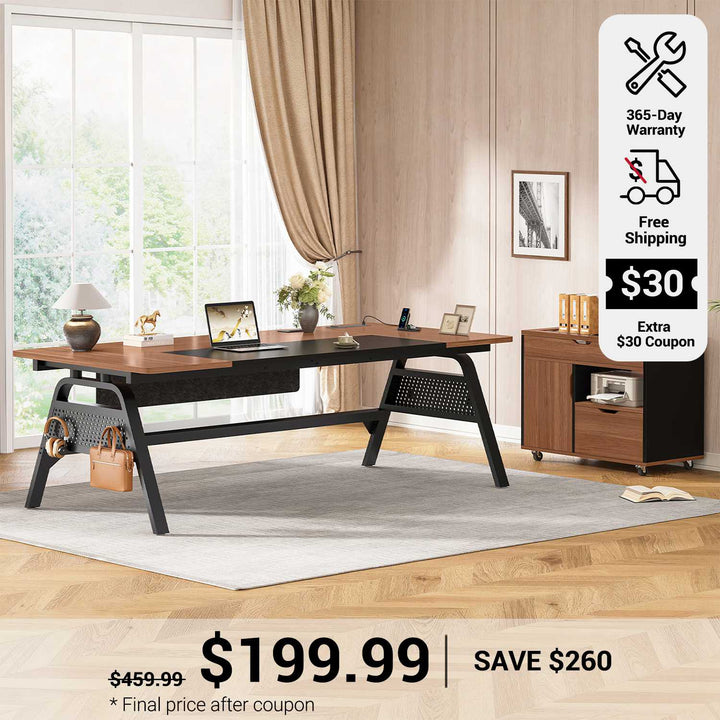 SEDETA 63 Inch Executive Desk with Movable File Cabinet Office Desk with 4 Hooks Power Outlet Computer Desk with Privacy Baffle for Home Office