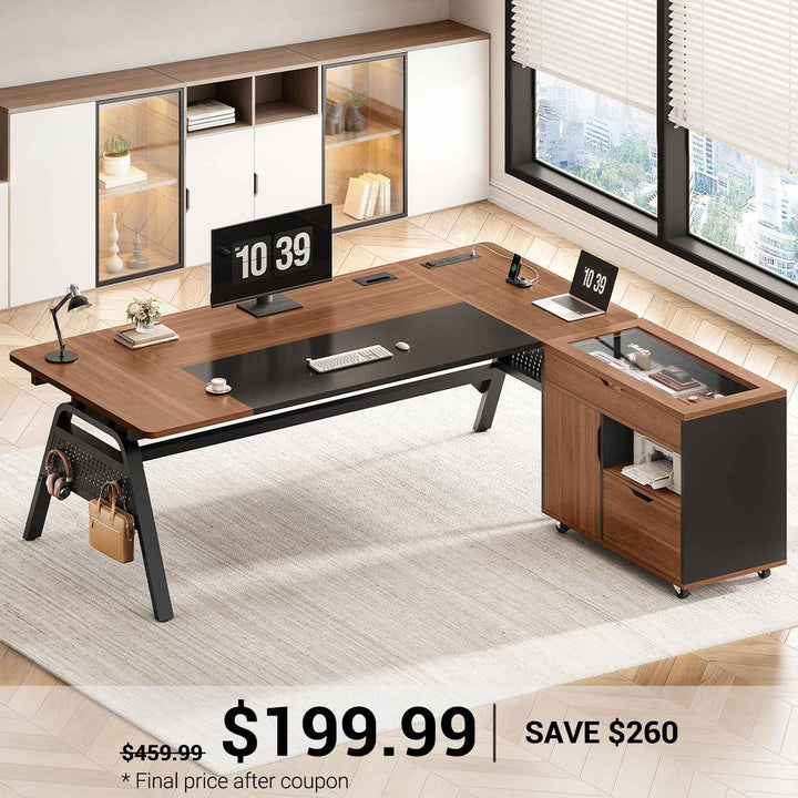 SEDETA 63 Inch Executive Desk with Movable File Cabinet Office Desk with 4 Hooks Power Outlet Computer Desk with Privacy Baffle for Home Office
