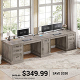 SEDETA | 110.3 Inch Farmhouse Two Person Desk Vintage Extra Long Computer Desk with Printer Stand Power Outlets 7 Drawers Storage Cabinet