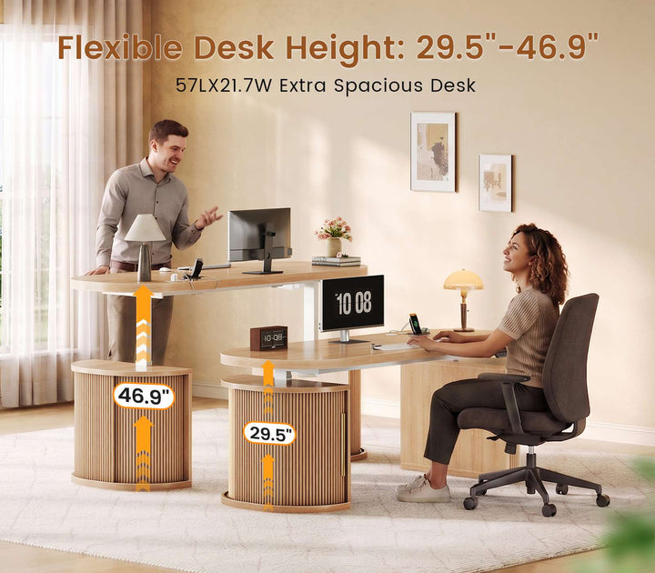 SEDETA 57 Inch Standing Desk with Storage Electric Height Adjustable Executive Fluted Desk with Curved Cabinets Computer Desk with Power Strip