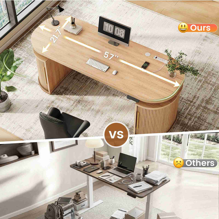 SEDETA 57 Inch Standing Desk with Storage Electric Height Adjustable Executive Fluted Desk with Curved Cabinets Computer Desk with Power Strip