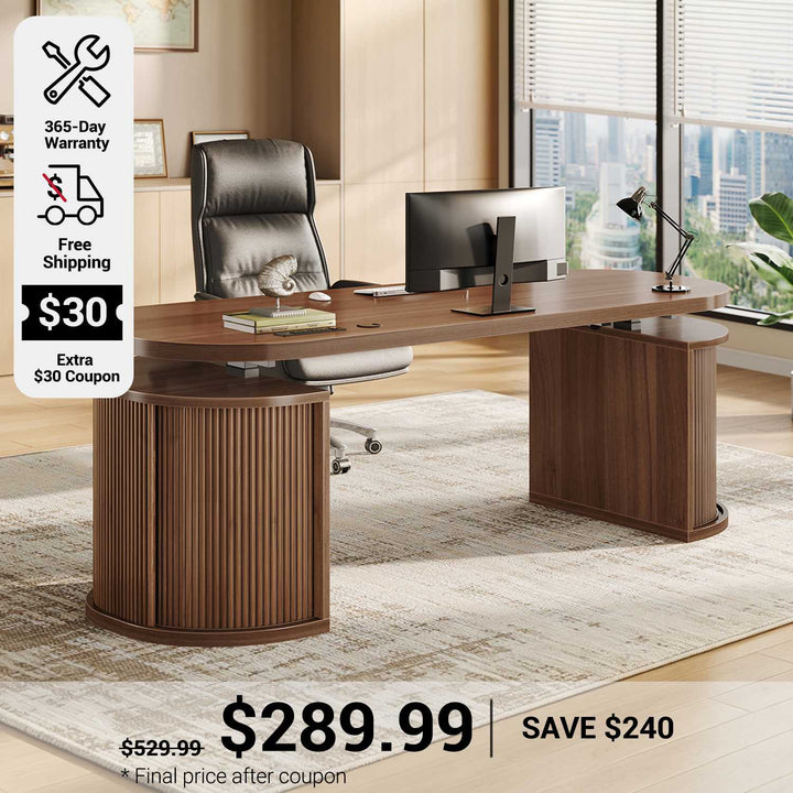 SEDETA 57 Inch Standing Desk with Storage Electric Height Adjustable Executive Fluted Desk with Curved Cabinets Computer Desk with Power Strip