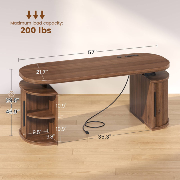 SEDETA 57 Inch Standing Desk with Storage Electric Height Adjustable Executive Fluted Desk with Curved Cabinets Computer Desk with Power Strip