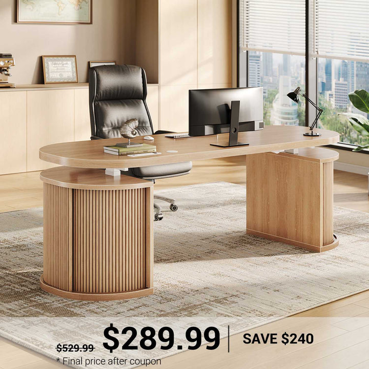 SEDETA 57 Inch Standing Desk with Storage Electric Height Adjustable Executive Fluted Desk with Curved Cabinets Computer Desk with Power Strip