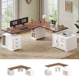 SEDETA 76.8 Inch Farmhouse L Shaped Electric Standing Desk with File Cabinet Height Adjustable Home Office Computer Desk with 6 Drawers Sit Stand Desk with Power Outlet