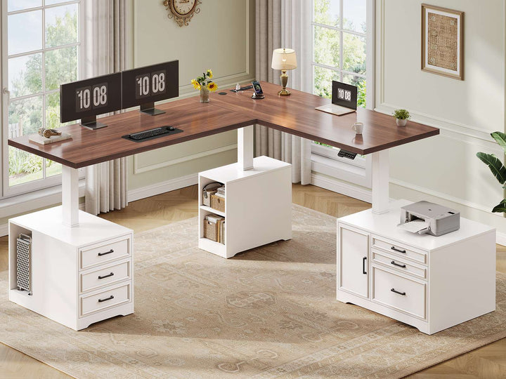 SEDETA 76.8 Inch Farmhouse L Shaped Electric Standing Desk with File Cabinet Height Adjustable Home Office Computer Desk with 6 Drawers Sit Stand Desk with Power Outlet