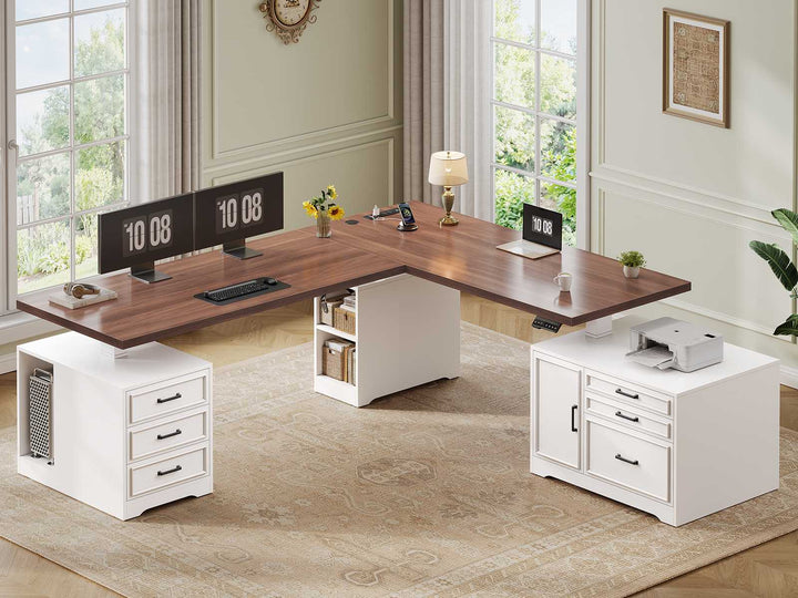 SEDETA 76.8 Inch Farmhouse L Shaped Electric Standing Desk with File Cabinet Height Adjustable Home Office Computer Desk with 6 Drawers Sit Stand Desk with Power Outlet