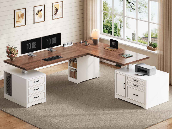 SEDETA 76.8 Inch Farmhouse L Shaped Electric Standing Desk with File Cabinet Height Adjustable Home Office Computer Desk with 6 Drawers Sit Stand Desk with Power Outlet