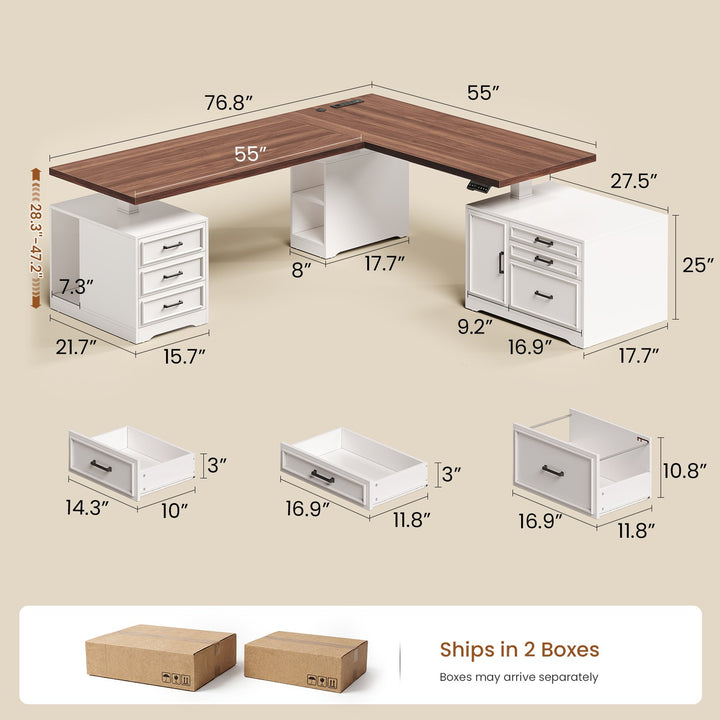 SEDETA 76.8 Inch Farmhouse L Shaped Electric Standing Desk with File Cabinet Height Adjustable Home Office Computer Desk with 6 Drawers Sit Stand Desk with Power Outlet