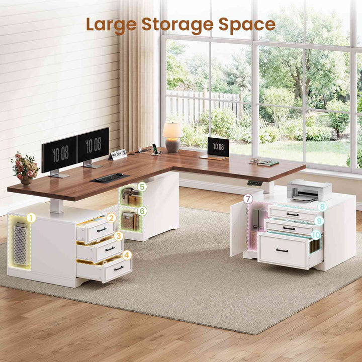 SEDETA 76.8 Inch Farmhouse L Shaped Electric Standing Desk with File Cabinet Height Adjustable Home Office Computer Desk with 6 Drawers Sit Stand Desk with Power Outlet