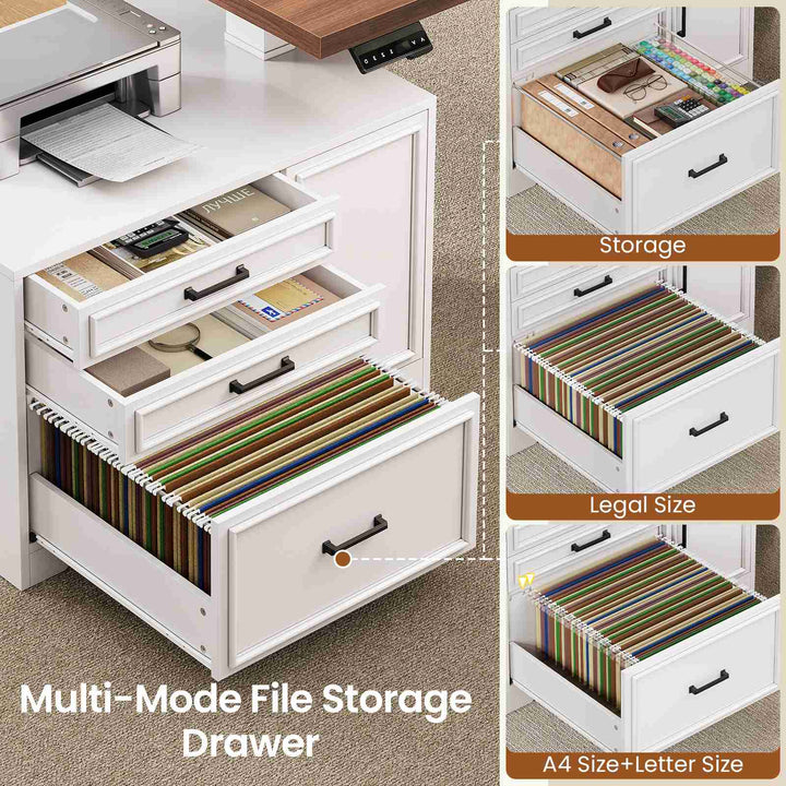 SEDETA 76.8 Inch Farmhouse L Shaped Electric Standing Desk with File Cabinet Height Adjustable Home Office Computer Desk with 6 Drawers Sit Stand Desk with Power Outlet