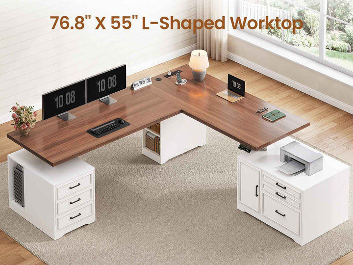 SEDETA 76.8 Inch Farmhouse L Shaped Electric Standing Desk with File Cabinet Height Adjustable Home Office Computer Desk with 6 Drawers Sit Stand Desk with Power Outlet