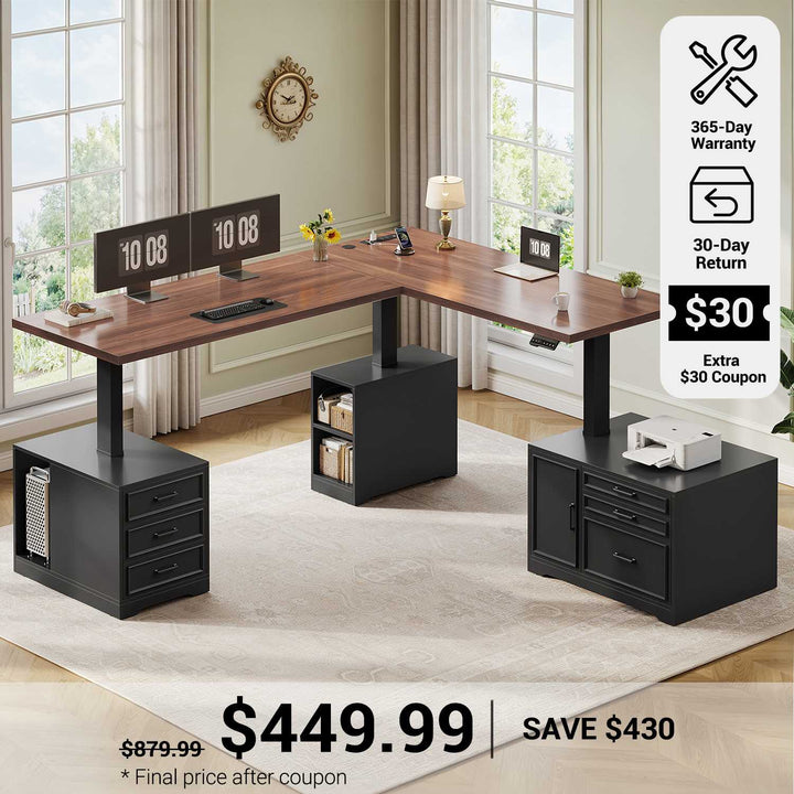 SEDETA® 76.8 Inch Electric Height Adjustable Desk with 6 Drawers Farmhouse L Shaped  Standing Desk with File Cabinet Sit Stand Desk with Power Outlet