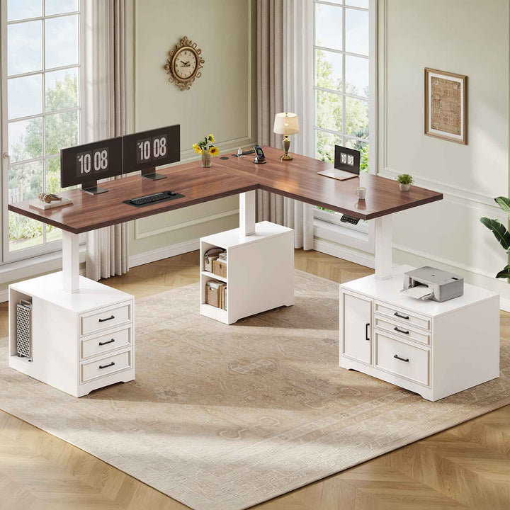 SEDETA® 76.8 Inch Electric Height Adjustable Desk with 6 Drawers Farmhouse L Shaped  Standing Desk with File Cabinet Sit Stand Desk with Power Outlet